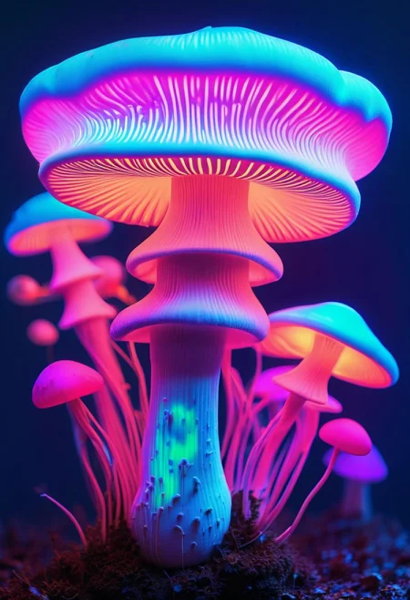 Neon colored and glowing mushroom