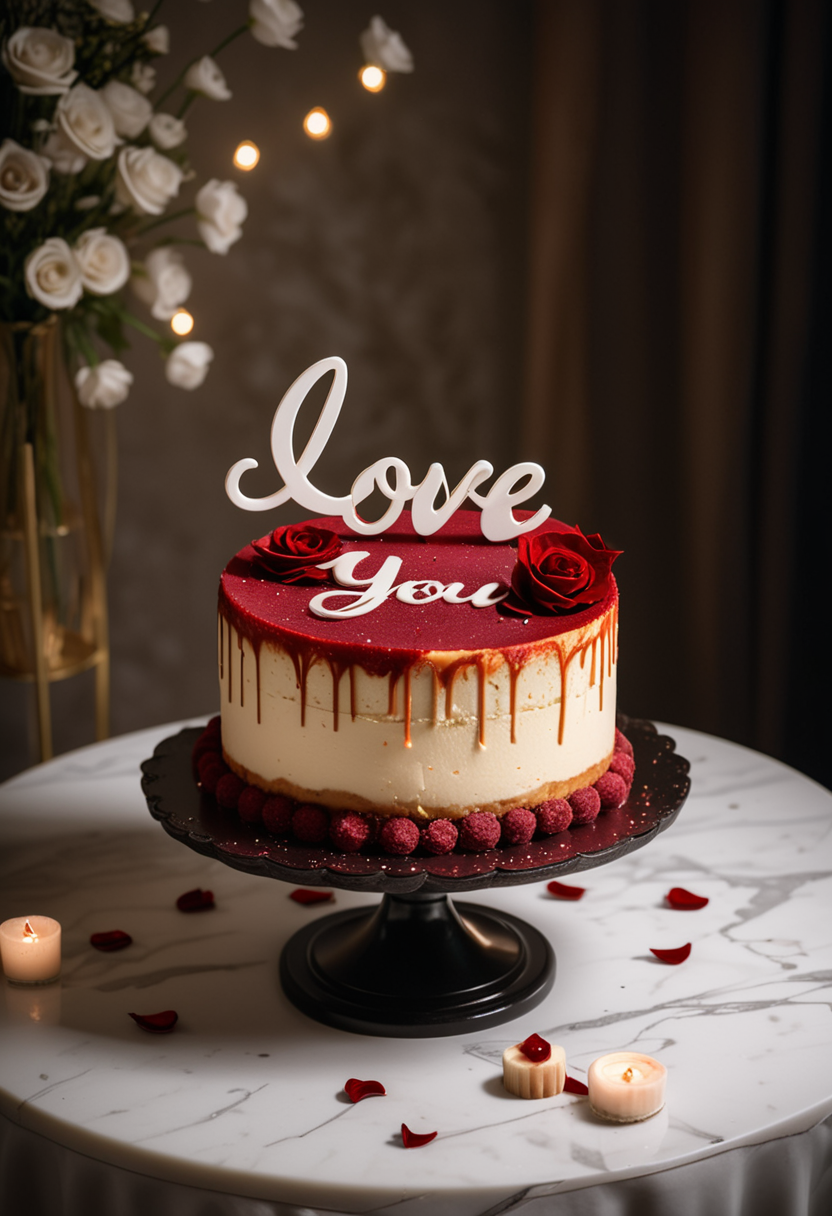 (medium full shot) of A caramel beige cheesecake red velvet cake with double layer, ("love you") text-shaped shape, sprinkles, sugar flowers , placed on a marble stand, located in  an elegant wedding reception, with floral arrangements, romantic ambiance, sophisticated table settings, ambient lighting, at night, ,Masterpiece,best quality, raw photo, realistic, very aesthetic, dark