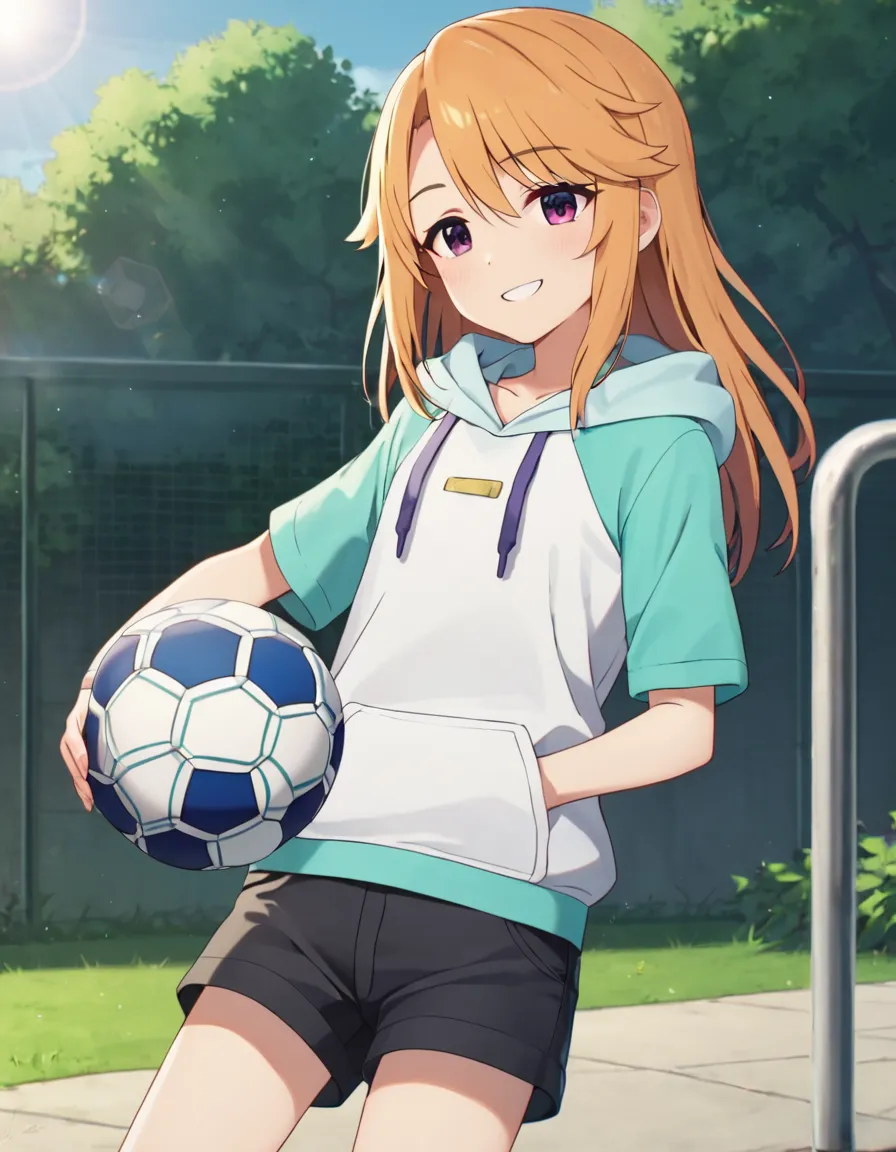 score_9, score_8_up, score_7_up, best quality,  4k, uncensored, prefect lighting, rating_explicit,
1girl, solo,
yuuki haru,  long hair,  orange hair, purple eyes
ykharu_AA, white hoodie, gray shorts , hood
, soccer ball, outdoors, day,tomboy
,smile,newest,official art
<lora:yuukiharu_pony_v1:0.6>