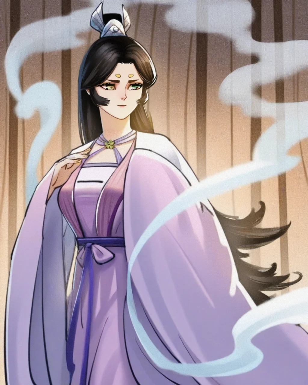 masterpiece,best quality,curvy,
<lora:haihuayao:1>,haihuayao,1girl,long hair,solo,black hair,yellow eye,green eye,heterochromia,very long hair,smoke,wide sleeves,portrait,hanfu,