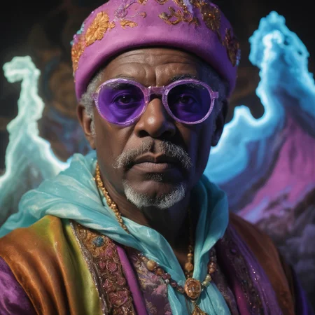 by Joseph Ducreux, Jerry Siegel,  Pastels artwork,close up of a Eclectic Weary [Ivorian:Chinoiserie:18] (Erik Per Sullivan:1.3) casting a Frost magic spell, fantasy art, magical, mythical, fluorescent magic aura, Magic Mage, dressed in 1970s disco fashion with Sandstone adornments, Action scene, Goblincore deep purple Glasses Chain, inside a Jagged Le Morne Brabant, Hurricane, split diopter, Screen print, Guilty, Qajar Art, Nostalgic lighting, dynamic, Sony A9 II, Depth of field 270mm, Low Contrast, skin pores