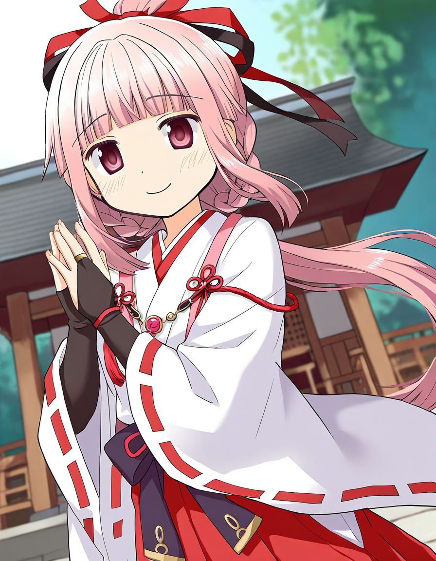 masterpiece, best quality, newest, absurdres, highres, safe, 1girl, tamaki iroha \(miko ver.\), magia record: mahou shoujo madoka magica gaiden,  bridal gauntlets, solo, day, shrine, dutch angle, <lora:tamaki_iroha_noobaiXLNAIXL_vPred10Version:0.7>