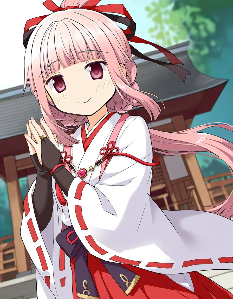 masterpiece, best quality, newest, absurdres, highres, safe, 1girl, tamaki iroha \(miko ver.\), magia record: mahou shoujo madoka magica gaiden, bridal gauntlets, solo, day, shrine, dutch angle, <lora:tamaki_iroha_noobaiXLNAIXL_vPred10Version:0.7>