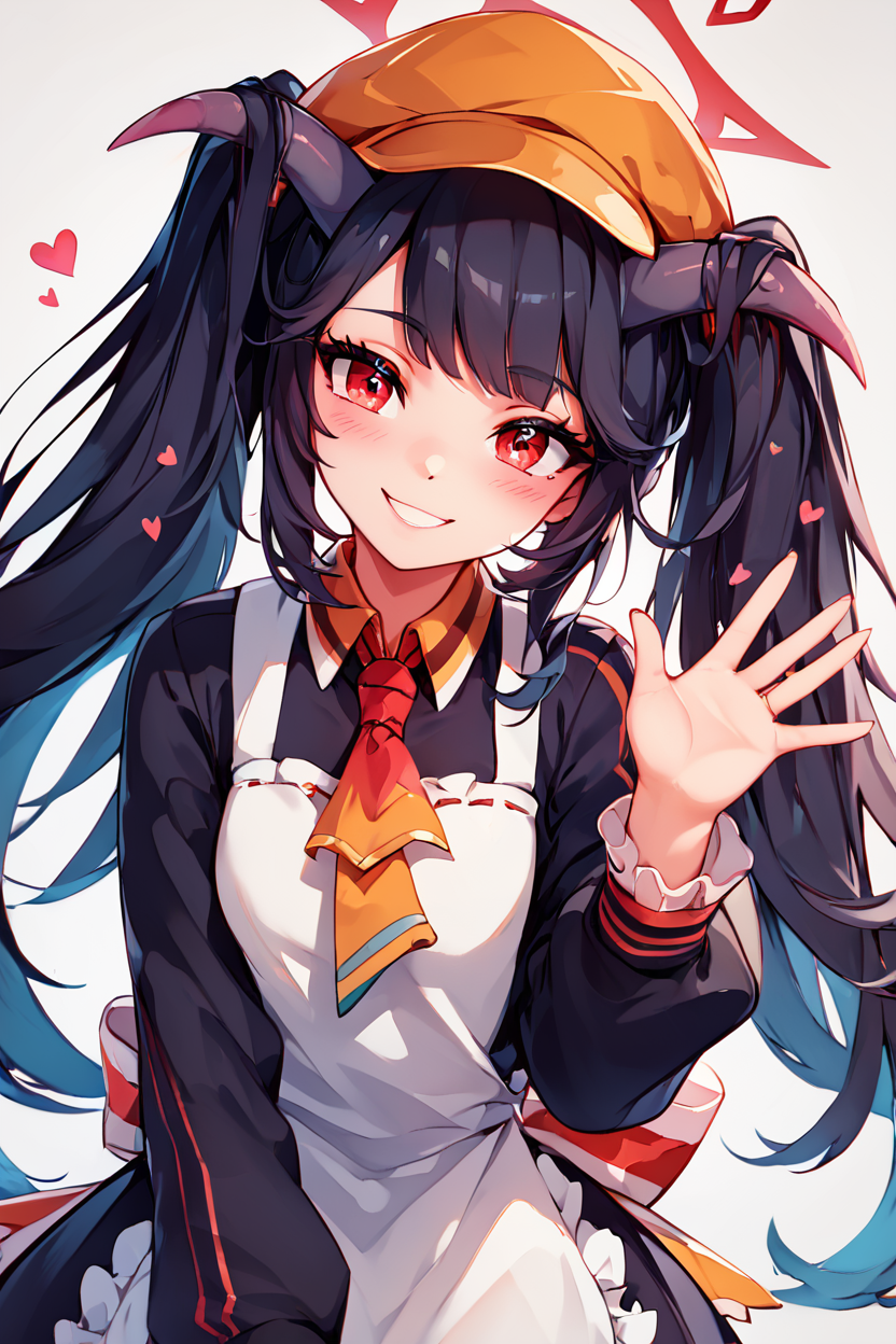 score_9, score_8_up, score_8, medium breasts, (curvy), cute, eyelashes,       BREAK, , ,,, zzFuuka, red eyes, black hair, long hair, horns, halo, demon horns, twintails black dress, white apron, frilled apron,  orange headwear, school uniform, necktie,  <lora:Fuuka_BlueArchive_PDXL:0.8>,   ,,,, BREAK, looking at viewer, ,,, smile, waving, upper body, leaning forward, head tilt, ,,, embedding:zPDXL, Expressiveh, ,,, <lora:CatalystStylePDXL:0.6>, <lora:SDXLFaeTastic2400:0.5>, <lora:Expressive_H-000001:0.4>,