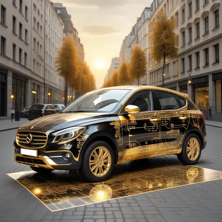 ampereart modern black car covered with golden electrical diagrams, on a city street, professional light and atmosphere, very realistic <lora:ampereart:0.9>