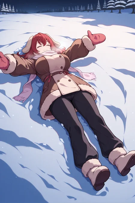 masterpiece, best quality, 1girl, solo, <lora:stephaniedola-illu-nvwls-v1-000006:1> sdola, red hair, medium hair, large breasts, dog ears, scarf, brown jacket, puffy jacket, black pants, winter, snow, lying on back, snow angels, smile, night, closed eyes, wide shot, full body, mittens, outstretched arms