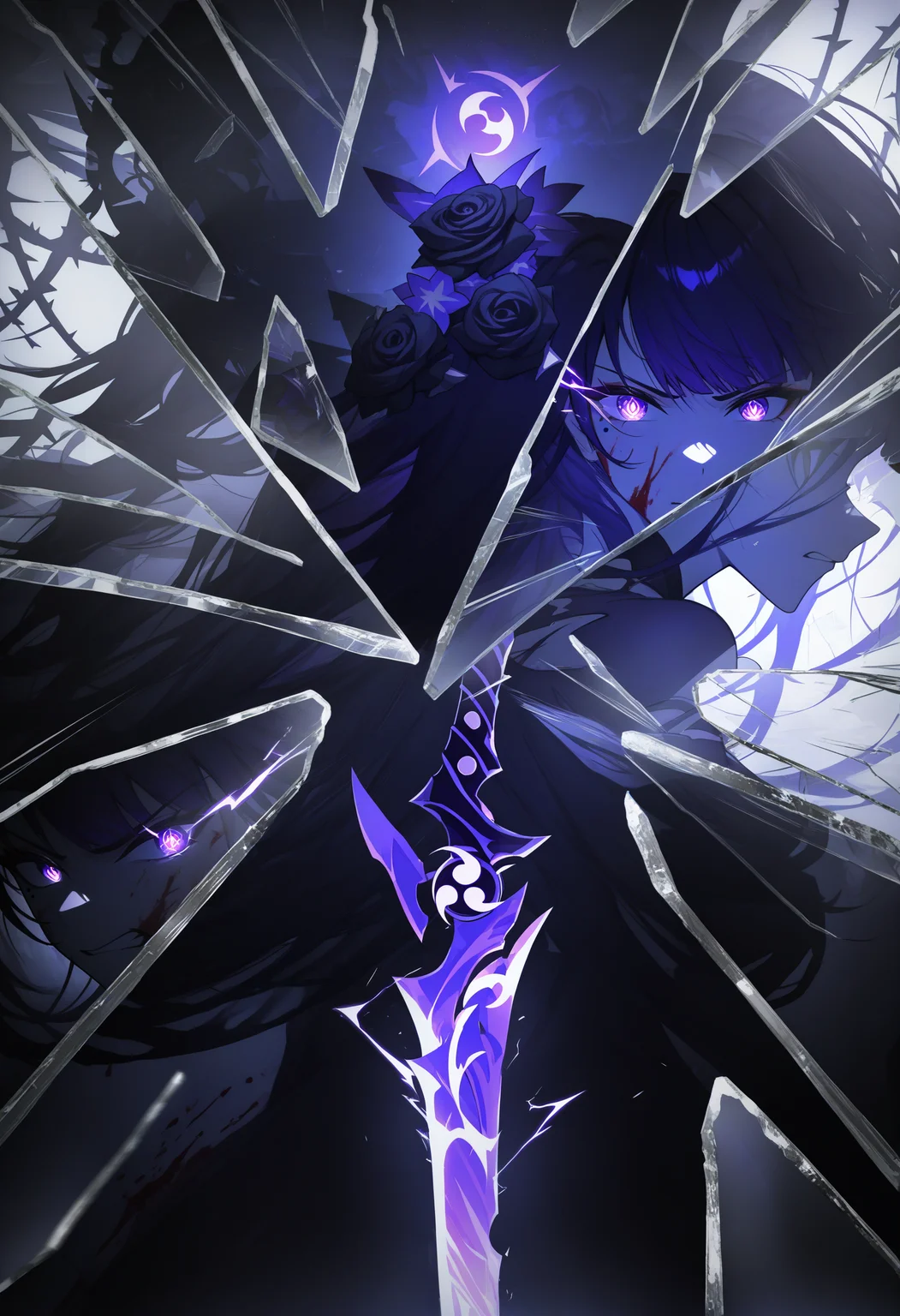 masterpiece, best quality, newest, absurdres, highres, abstract, raiden shogun, sword, holding sword, electricity, foreshortening, dutch angle, aura, angry, blood, dynamic pose, motion lines, motion blur, blood on face, blood on clothes, blood on hands, breaking, shattered, glass, broken glass, monochrome, spot color, blue theme, black theme, dark, sad, floating hair, black kimono, bare shoulder, gothic, black rose, thistles, thorns, flora, black liquid, thick liquid, fog, blue butterfly, underlighting, strong visual impact, film lighting, different reflection, reflection, glass shards, shatter across face, tomoe \(symbol\), afterimage, ghost, <lora:BrokenGlass_illusXL_Incrs_v1:0.6>, eye trail, time paradox, mirror, magic, running, multiple views,