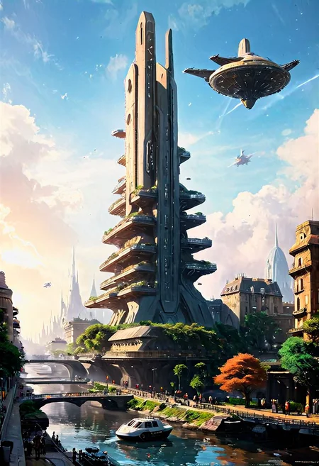 A new type of flying ship for sightseeing in the city of the future, 
Residents live in a sizable number of glass bubble capsules,
The alien colonial cities of the future look like towering ant nests built in Halfway underground in the Grand Canyon, glass dome, communications spire landmark, aircraft terminal, aerial mass transportation,
((The steel tower in the imperial capital of Star Wars, the Rubik's Cube and Golden Tower of the corporate headquarters in Blade Runner, The floating kingdom of Hayao Miyazaki's Castle in the Sky, the catacombs of Paris are full of skulls, Famous British architect Dream Detective)),
(futuristic:1.2), a huge military factory made of steel, glass, fog, sun, in the clouds, , futuristic military planes, moody tones, 
(real landscape:1.1), (blurred background:1.0), [buildings|vehicle|Crowd|buildings|trees|buildings|trees|vehicle|Crowd:0.7], (background, more_details:0.3) 
great lighting, stacked, vertical, futureskyline, Cyberpunk city, Office Buildingdark art impressionist painting