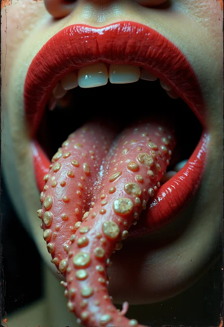 close-up lips with tongue in the form of a tentacle. transparent layers, color gradations, glitch effect,