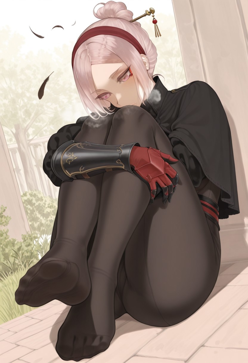 throtem,  outdoors, undershirt, falling feathers, black bodysuit, hair stick, hugging own legs, , gauntlets,   eyeshadow,   red gloves,  high ponytail,  , black capelet, red hairband, pink eyes, 1girl, solo, feet, visible breath,   dynamic angle, foreshortening, smell, steam,