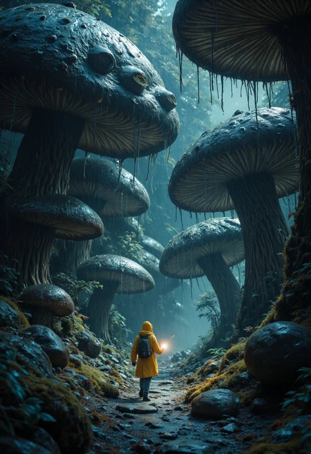 A nightmare landscape featuring an enchanted forest filled with massive, oversized black wet mushrooms with countless creepy old faces featuring with open and closed human mouth on their stems and dripping saliva sparkling in dark shadows. The forest floor is covered in rocks and soft moss. moonlight filters through a gentle mist, casting cold golden beams across the scene. A lone adventurer, a small human figure with a flashlight, yellow raincoat and a backpack, panically running away on a narrow forest path to an ancient temple ruins covered in lush moss like a mirage, emphasising the scale of the gigantic mushrooms with their various scary expressions. The atmosphere is dark, magical, with a surreal balance of realism and fantasy elements. Soft focus in the background enhances the depth and otherworldly feel, heavy raining in dark environment, inspired by Junji Ito, cult, vantage photography taken in 90s,(dutch angle), (glitchy borders, film grain,color channel artifacts,grainy texture,vignette,burnt edges,overexposure,soft focus or blurry edges,frame flicker,double exposure,off-center,chromatic aberration:1.2),