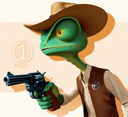 high resolution, best quality, 4k, outline, solo, male, upper body, side view, holding revolver, aiming revolver, drop shadow, number 1 symbol background, <lora:Rango_-_Rango_IL:0.95> r4ng0, chameleon, green skin, bulbous eyes, scalie, yellow eyes, long neck, crooked neck, bald, cowboy hat, white shirt, brown vest, sheriff badge