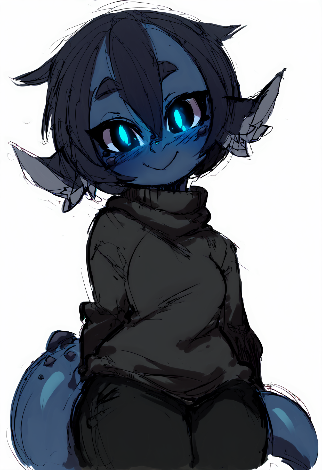 (score_9, score_8_up), score_7_up, score_6_up, score_5_up, score_4_up, (1girl), solo, (blue skin), colored skin, masterpiece, best quality, glowing eyes, Smouldie, dark hair, short hair, tail, animal ears, thick sweater, black sweater, oversized sweater, black pants, black scarf, white background, looking at viewer, smile, blushing, closed mouth, (sketch), squiggle, <lora:Smolder_XL_Pony_Edition_v2:1> <lora:nomeoil:1> sketch
