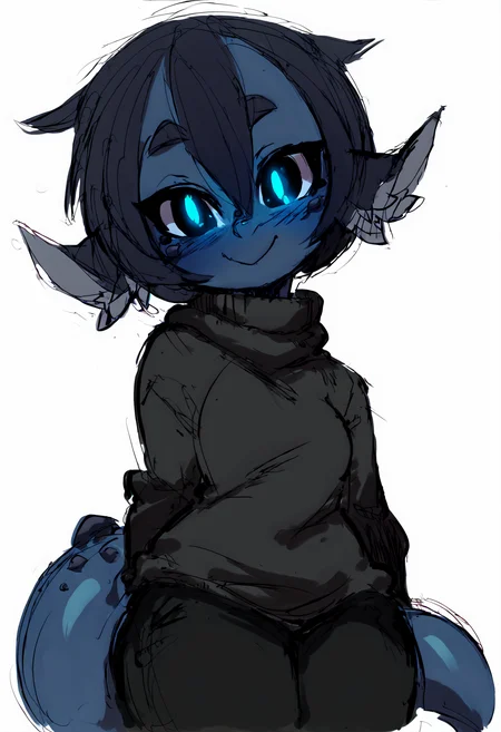 (score_9, score_8_up), score_7_up, score_6_up, score_5_up, score_4_up, (1girl), solo, (blue skin), colored skin, masterpiece, best quality, glowing eyes, Smouldie, dark hair, short hair, tail, animal ears, thick sweater, black sweater, oversized sweater, black pants, black scarf, white background, looking at viewer, smile, blushing, closed mouth, (sketch), squiggle, <lora:Smolder_XL_Pony_Edition_v2:1> <lora:nomeoil:1> sketch