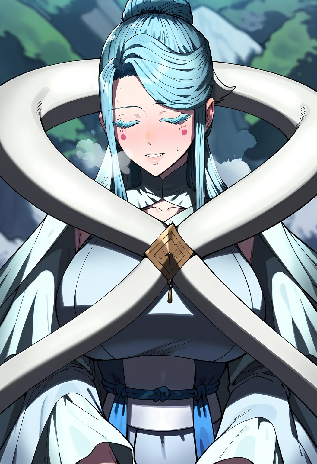 score_9, score_8_up, score_7_up, score_6_up, source_anime, rating_explicit, <lora:neg4all_bdsqlsz_V3.5:2.0>1girl, (solo:1.2), huge breasts, <lora:naeng-agbiponyxl:1> long hair, blue eyes, single hair bun, grey hair, colored eyelashes, sidelocks, blue hair, facial mark, smile, half-closed eyes, long sleeves, wide sleeves, sash, white dress, white cape, Narrow shoulders, heavy breathing, sweat, steaming body, forest, outdoor, looking at viewer, pov, (closed eyes:1.3), parted lips, (close-up:1.4), (pov:1.2), (hug:1.1), spread arms