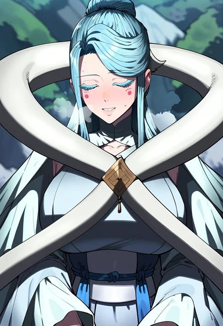 score_9, score_8_up, score_7_up, score_6_up, source_anime, rating_explicit, <lora:neg4all_bdsqlsz_V3.5:2.0>1girl, (solo:1.2), huge breasts, <lora:naeng-agbiponyxl:1> long hair, blue eyes, single hair bun, grey hair, colored eyelashes, sidelocks, blue hair, facial mark, smile, half-closed eyes, long sleeves, wide sleeves, sash, white dress, white cape, Narrow shoulders, heavy breathing, sweat, steaming body, forest, outdoor, looking at viewer, pov, (closed eyes:1.3), parted lips, (close-up:1.4), (pov:1.2), (hug:1.1), spread arms