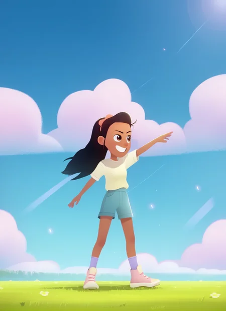 (zPDXL3) source_cartoon, Perfect Hands, full body, poke_ava, 1girl, solo, dark-skinned female, black hair, long hair, ponytail, white shirt, shorts, female child, outdoors, scenery, sky, grass, cloud, blue sky, day,  smile,  battle stance, ready, wind gust, particle lights,
<lora:Perfect Hands:1> <lora:Path_to_the_Peak_Ava:1>  <lora:StS_detail_slider_release_two_v3:4>