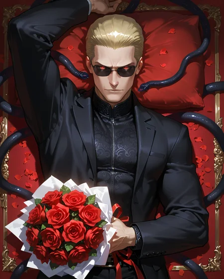 PonyScores7, source_anime, ah1
BREAK <lora:albertwesker-guy-PONYv1:0.8> albertwesker, albert wesker, 1boy, blonde, (sunglasses:1.3), looking at viewer, toned, athletic, fit, slicked back hair, mature male, short hair, (lying bed), (<lora:Indian_First_Night_Bed:0.8> bed, pillow, flower, heart, petals, rose, red flower, carpet, bouquet, red rose, rose petals, ornaments,), ((in heat expression)), (focused, intense glare), (reddish orange eyes, slit pupils), (angular face, sharp_featured face), handsome, charming, alluring,  <lora:MC_superhuman:0.2> ((black tentacles, black tendrils))
BREAK <lora:xl_more_art-full_v1:0.2>, <lora:shinyskin2:0.2> glistening skin, <lora:aesthetic_anime_v1s:0.2>, <lora:Expressive_H:0.2> Expressiveh, <lora:hairdetailpxl:0.2> hairdetailpxl, <lora:EpicF4nta5yXL:0.2>, <lora:detailxl:0.2> detailxl, <lora:Fant5yP0ny:0.2>, best quality, amazing quality, best aesthetic, absurdres, <lora:expressive eyes:0.2> expressive eyes, <lora:eyedetailpxl:0.2> eyedetailpxl, illustration, Volumetric_Lighting, ultra-detailed, very aesthetic, intricate details, 8k, masterpiece, best_quality
BREAK (Panoramic View shot)
BREAK <lora:Eyes_High_Definition:0.3> EyesHD, Stable_Yogis_PDXL_Positives, AS-Adult, <lora:Complicated fantasy portrait - XL Pony V2.0:0.4>, bad-hands-5, AS-MidAged,