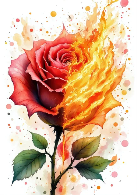 in the style of Jedwtrsk, watercolor, sketch, The left half of a rose in its natural state with vibrant red petals and green leaves. The right half transforms into fiery flames, with petals appearing as burning embers, decorated with sparks and ashes symbolizing fire,