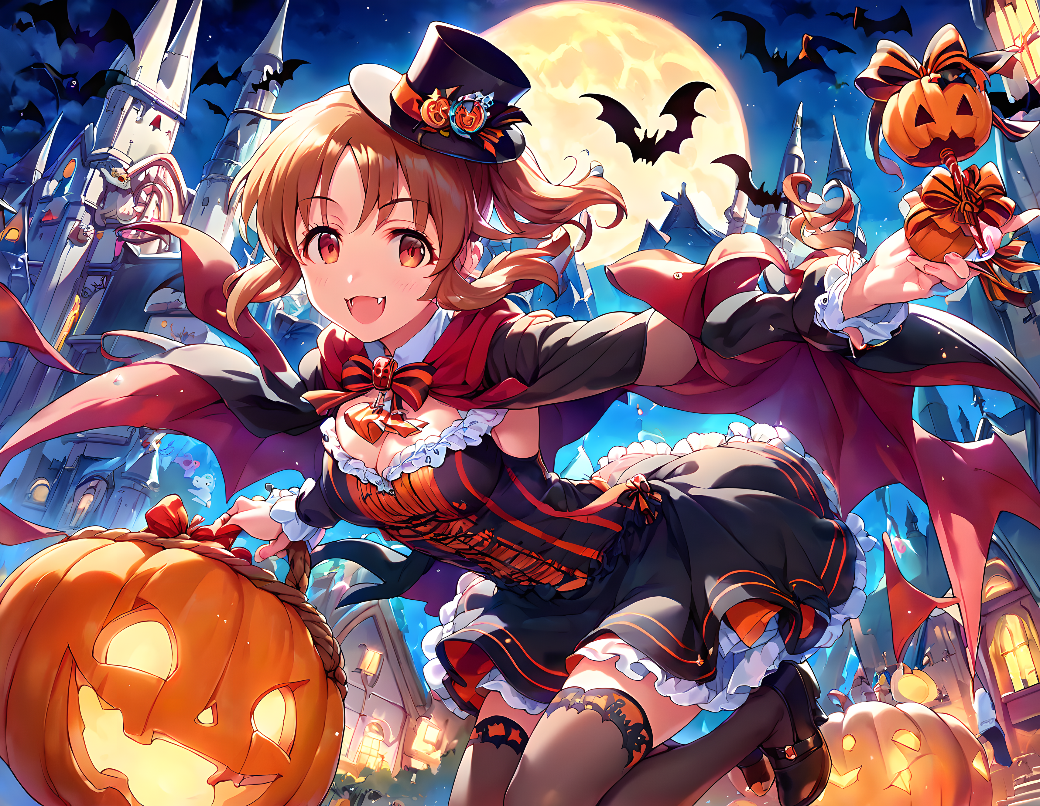 score_9,score_8_up,score_7_up,source_anime,1girl,solo,vampire,Slightly_open_mouth,fangs,top hat,tuxedo,cape,halloween costume,halloween,trick or treat,swirl lollipop,black legwear,jack-o'-lantern,basket,holding lantern,halloween bucket,holding vegetable,sweets,candy,candy cane,cookie,silhouette,bat,ghost,black cat,pumpkin,castle,pennant,clock tower,church,cross,graveyard,tombstone,coffin,town,gate,bare tree,spider web,night sky,full moon,moonlight,looking at viewer,smile,:d,light_blush,<lora:pony_xl_abe nana:0.9>,abe nana,