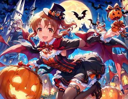 score_9,score_8_up,score_7_up,source_anime,1girl,solo,vampire,Slightly_open_mouth,fangs,top hat,tuxedo,cape,halloween costume,halloween,trick or treat,swirl lollipop,black legwear,jack-o'-lantern,basket,holding lantern,halloween bucket,holding vegetable,sweets,candy,candy cane,cookie,silhouette,bat,ghost,black cat,pumpkin,castle,pennant,clock tower,church,cross,graveyard,tombstone,coffin,town,gate,bare tree,spider web,night sky,full moon,moonlight,looking at viewer,smile,:d,light_blush,<lora:pony_xl_abe nana:0.9>,abe nana,