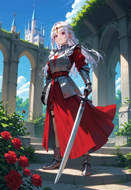safe_pos, (score_9, score_8_up, score_7_up, score_6_up, score_5_up, score_4_up), absurdres, intricate details, 1girl, solo, hime style hair, knight, plate armor, silver armor, shiny armor, armored dress, engraved, red skirt, long skirt, red sash, circlet, holding sword, leather straps, silver hair, long hair, red eyes, breasts, slim, beautiful, calm, slight smile, outdoors, castle, medieval castle, columns, ruins, scenery, day, blue sky, garden, roses, rose bush, vines, dynamic pose, facing viewer,