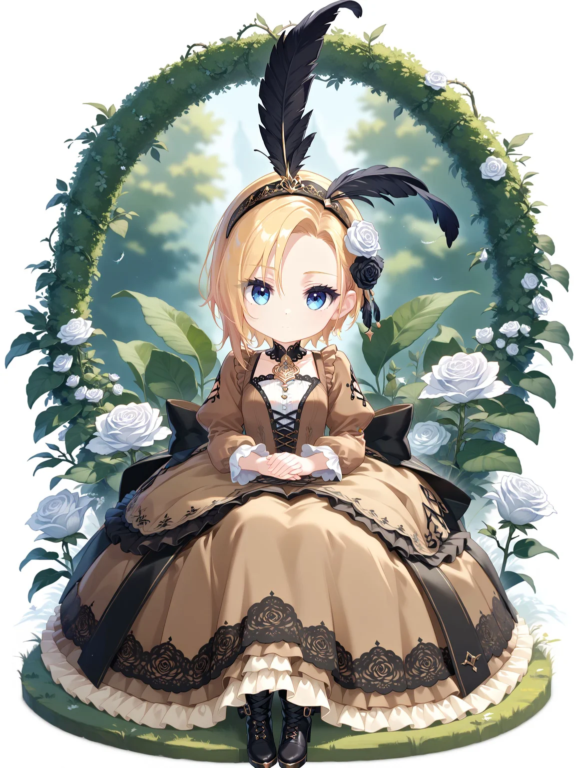 score_max, (score_9, score_8_up, score_7_up:1.2), score_6_up, official art, source_anime,
, masterpiece, absurdres, high detail, 8k,
white rose, around flower, ivy, branch, monobloc \(chair\),
sitting, head tilt, hands on lap, expressionless, looking at viewer,
chibi, solo, eriza, short hair, blonde hair, magicamaiden, black feathers, head feather, black hairband, hair flower, black rose, brown dress, puffy sleeves, long Sleeves, long skirt, layered skirt, brown skirt, black skirt, frills, black footwear, high heel boots
<lora:XL_Pony_MGCM-eriza-t1:1>