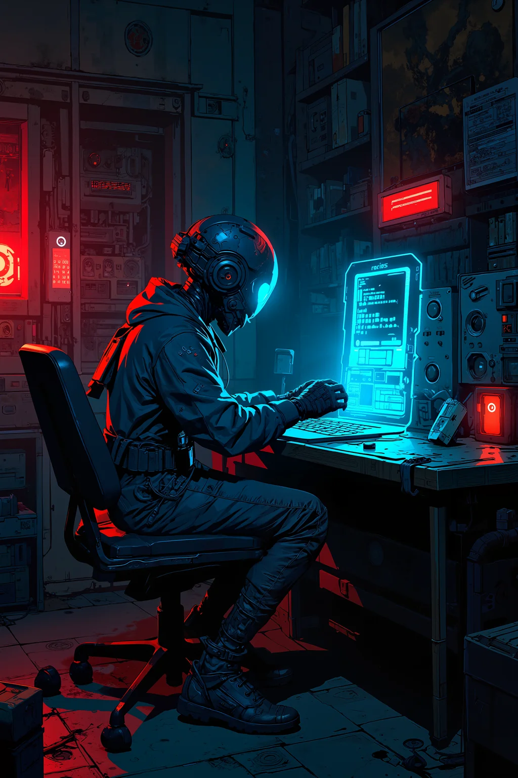 In the neon-lit underworld of a sprawling cyberpunk city, a lone hacker sits hunched over an interface, her fingers flying across the glowing holo-keyboard as she infiltrates a highly secure network. Her face is partially obscured by the glowing blue visor of her hacking helmet, which reflects the complex digital code streaming past her eyes. The room around her is dark, cluttered with old tech and wires snaking across the floor, while the distant hum of the cityâs nightlife filters through the walls. Suddenly, alarms blare, and red warning lights flicker to lifeâsheâs been detected. Her heart pounds as she prepares to dive deeper into the digital labyrinth, knowing escape is nearly impossible. The scene blends the high-tech tension of The Matrix with the neon-drenched intensity of Cyberpunk 2077.<lora:Anime v1.3:1.2>