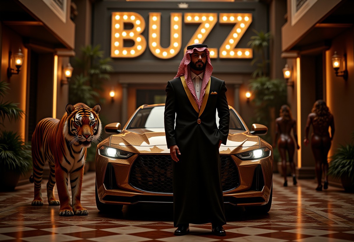 Professional  full length landscape photo of A rich fat arabe man. a super luxury car  is beside of him and very luxurious villa in the backgournd. exagarated richness. movie poster composition. a quote on top of the photo with gold sexy letters : "The Sheikh of BUZZ" .  A tiger stand by the man. a band of ultra sexy supermodels on the right of the photo. Ultra-detailed, hyper-realistic, cinematic lighting, soft focus background, artistic composition, depth of field, and intricate textures. dark environment with sense of erotism. DaVinci style composition.