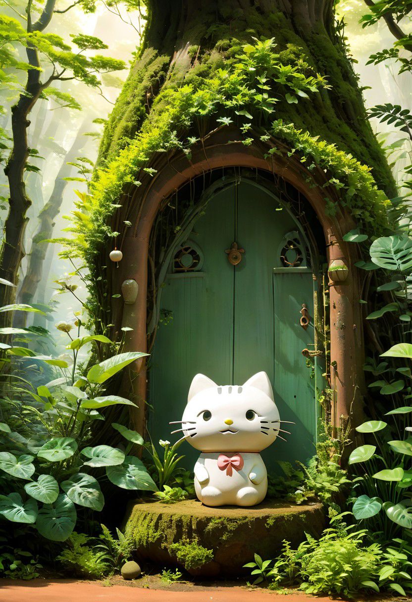 Craft a narrative for the captivating image: a diminutive, ancient forest spirit ghost reminiscent of Studio Ghibli's enchanting characters. This weathered terracotta statue, resembling a spectral being with echoes of Hello Kitty from Sanrio, stands resilient amidst the verdant expanse of a timeless jungle. Illuminate the mystique of this ethereal presence and the harmonious juxtaposition with the lush surroundings, evoking the essence of a Studio Ghibli masterpiece.