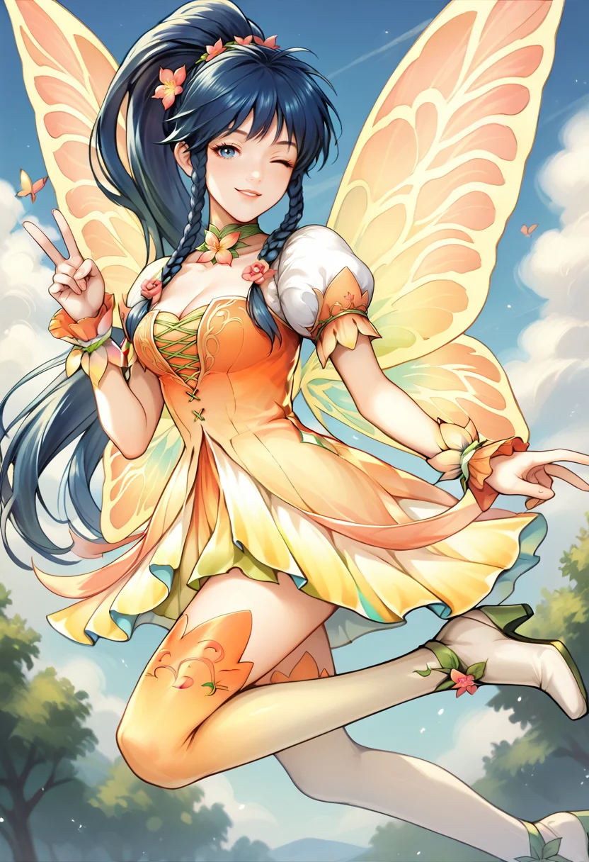 score_9, score_8_up, score_7_up, BREAK 1girl, flying, looking at viewer, smile, wink, peace sign, <lora:TanaFE-pdxl:1> resTana, long hair, high ponytail, twin braids, hair flower, green choker, orange dress, cleavage, puffy short sleeves, wrist cuffs, short dress, gradient thighhighs, high heel boots, butterfly wings, sky, cloud