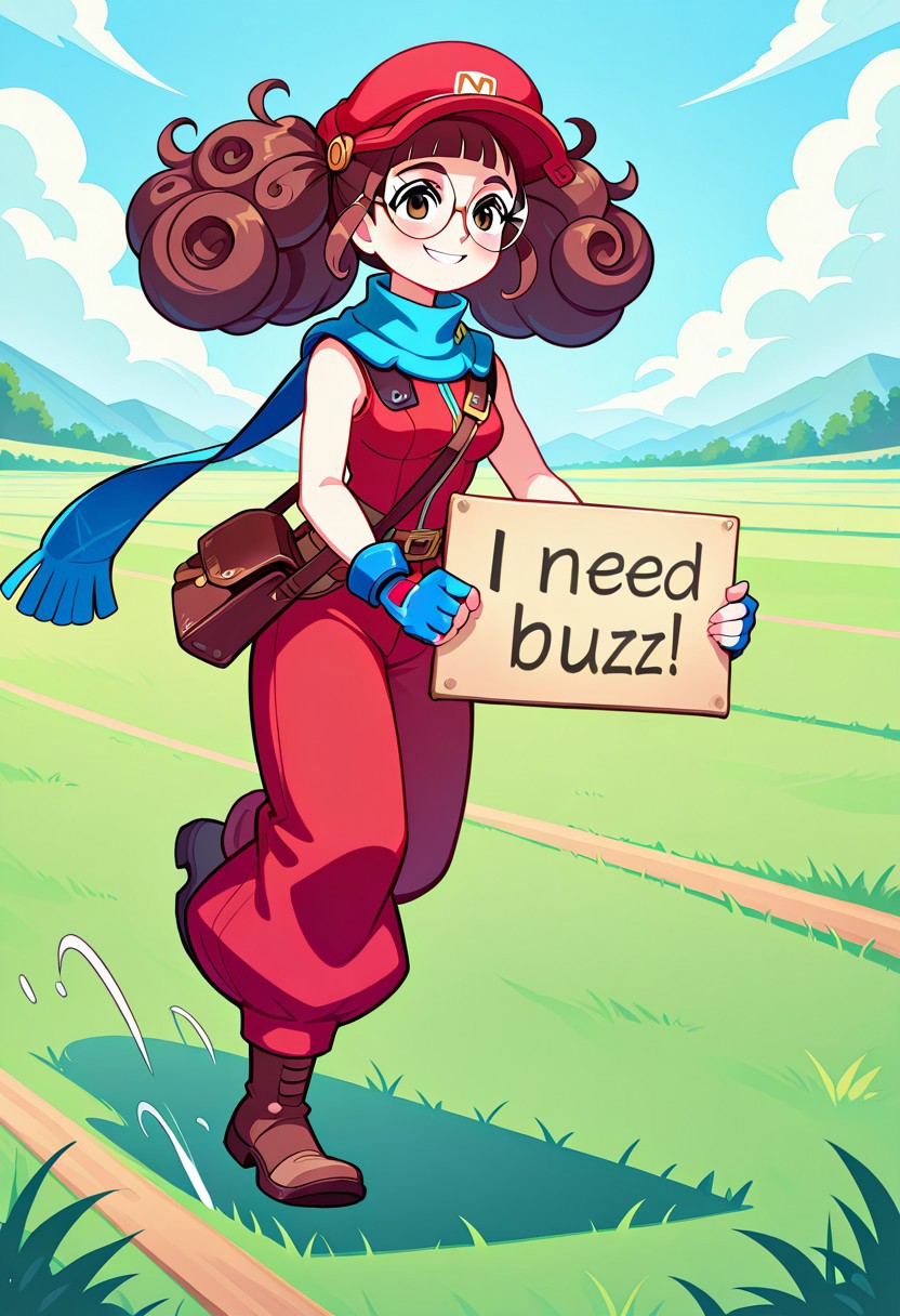 Zoe1, 1girl, 18years old, medium breasts, perfect body, smile,red outfit, wide pants, blue scarf, blue fingerless gloves, glasses, curly hair, brown hair, twintails, red hat, brown bag, boots, need_buzz, holding sign, green field, blue sky, sprinting,