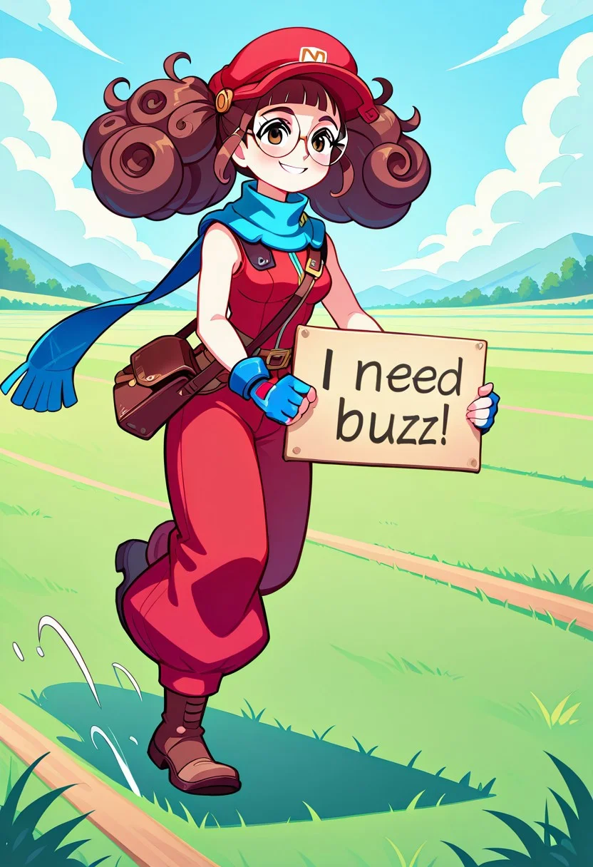 Zoe1, 1girl, 18years old, medium breasts, perfect body, smile,red outfit, wide pants, blue scarf, blue fingerless gloves, glasses, curly hair, brown hair, twintails, red hat, brown bag, boots, need_buzz, holding sign, green field, blue sky, sprinting,