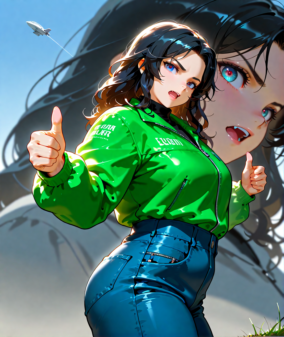 PonyScores7, source_anime, ah1, IllustriousQual, <lora:natsumi_style:0.5>, <lora:by_usakun-pony:0.4> by usakun, <lora:Akina_Bbw_Style_-_PonyXL:0.2> AkinBw
BREAK 1girl, (curly hair), long hair, (black hair:1.4), mature female, (parted hair:1.7), (round face:1.2), (thick eyebrows:1.3), (curvy), round-chin, (hazel with green flecks eyes:1.4), (colorful eyes), (multicolored eyes), caucasian, (downturned eyes:1.2), (plump face), messy hair, <lora:Round_face:0.1>, <lora:ETO_OCPonyXL:0.5> eto_oc, skindentation, (plump), thick thighs, wide hips, busty, voluptuous, kinky curls, lips, <lora:venus body PonyXL:0.4>,  ((angry face, open mouth, fang), (thumbs_up, standing, thumbs up, from side, looking at viewer, head tilt), (a futuristic skyport, with sleek airships, advanced technology, and a sense of high-tech efficiency)), looking at viewer, ((fun blue soft lavender waterproof jacket with a black turtleneck and high-waisted jeans))
BREAK <lora:xl_more_art-full_v1:0.2>, <lora:shinyskin2:0.2> glistening skin, <lora:aesthetic_anime_v1s:0.2>, <lora:Expressive_H:0.2> Expressiveh, <lora:hairdetailpxl:0.2> hairdetailpxl, <lora:EpicF4nta5yXL:0.2>, <lora:detailxl:0.2> detailxl, <lora:Fant5yP0ny:0.2>, best quality, amazing quality, best aesthetic, absurdres, <lora:expressive eyes:0.2> expressive eyes, <lora:eyedetailpxl:0.2> eyedetailpxl, illustration, Volumetric_Lighting, ultra-detailed, very aesthetic, intricate details, 8k, masterpiece, best_quality
BREAK (time-lapse photography, dynamic motion, fluid transition, changing landscape, evolving scene, captivating visual storytelling, accelerated time), (zoom out:1.5)
BREAK <lora:Eyes_High_Definition:0.3> EyesHD, Stable_Yogis_PDXL_Positives, AS-Adult, <lora:Complicated fantasy portrait - XL Pony V2.0:0.4>, bad-hands-5, <lora:HDA_Detailer:0.2>, HDA_FatGirlXL,