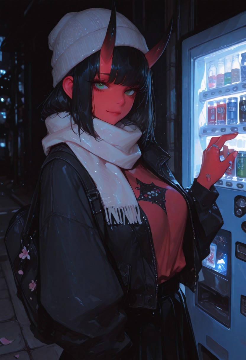 1girl, gorgeous girl , kawaii girl , cute face, masterpiece, best quality, very awa, absurdres, 748cmstyle, usnr
masterpiece, best quality, Good quality, very aesthetic, absurdres, newest,1girl, light rays, looking at viewer, sky, solo, gradient color, erotic, petals falling,
BREAK
ultra-detailed, 8K, illustration, CG, ultra-detailed-eyes, detailed background, ambient occlusion, raytracing, soft lighting, absolutely eye-catching, intricate cinematic background, beautiful face,  , eyelashes, erotic, looking seductive, coy. dynamic action image, detailed face, detailed eyes, direct mesmerizing gaze, mature female, medium breast,
BREAK
sexy, slutty, hot, aroused, 
Aka-Oni, oni, colored skin, red skin, smooth horns, black horns
BREAK
flirting:2.0, flower,
BREAK
(EyesHD:1.2), (4k,8k,Ultra HD), masterpiece, best quality, ultra-detailed, very aesthetic, sharp focus, depth of field, ray tracing, best lighting, detailed illustration, detailed background, cinematic, beautiful face, beautiful eyes, 
BREAK
vending machine, scarf, solo, bandaid on hand, hat, beanie, outdoors, black hair, bangs, bandaid, black jacket, red shirt, long sleeves, jacket, shirt, can, looking at viewer, bag, green eyes, black skirt, night