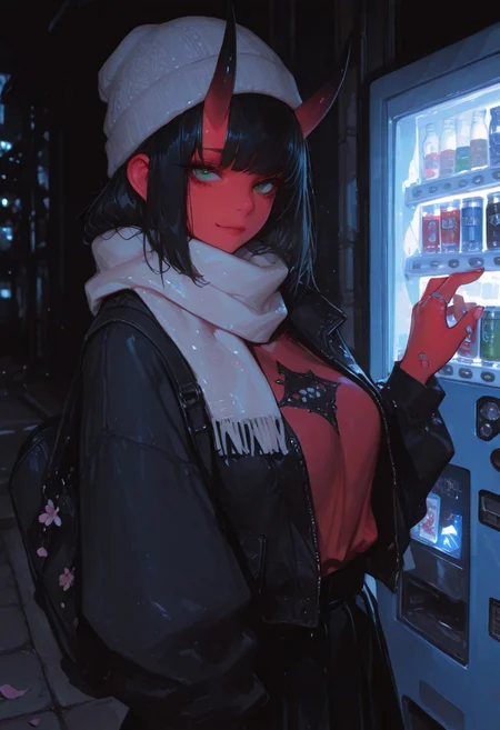 1girl, gorgeous girl , kawaii girl , cute face, masterpiece, best quality, very awa, absurdres, 748cmstyle, usnr
masterpiece, best quality, Good quality, very aesthetic, absurdres, newest,1girl, light rays, looking at viewer, sky, solo, gradient color, erotic, petals falling,
BREAK
ultra-detailed, 8K, illustration, CG, ultra-detailed-eyes, detailed background, ambient occlusion, raytracing, soft lighting, absolutely eye-catching, intricate cinematic background, beautiful face,  , eyelashes, erotic, looking seductive, coy. dynamic action image, detailed face, detailed eyes, direct mesmerizing gaze, mature female, medium breast,
BREAK
sexy, slutty, hot, aroused, 
Aka-Oni, oni, colored skin, red skin, smooth horns, black horns
BREAK
flirting:2.0, flower,
BREAK
(EyesHD:1.2), (4k,8k,Ultra HD), masterpiece, best quality, ultra-detailed, very aesthetic, sharp focus, depth of field, ray tracing, best lighting, detailed illustration, detailed background, cinematic, beautiful face, beautiful eyes, 
BREAK
vending machine, scarf, solo, bandaid on hand, hat, beanie, outdoors, black hair, bangs, bandaid, black jacket, red shirt, long sleeves, jacket, shirt, can, looking at viewer, bag, green eyes, black skirt, night