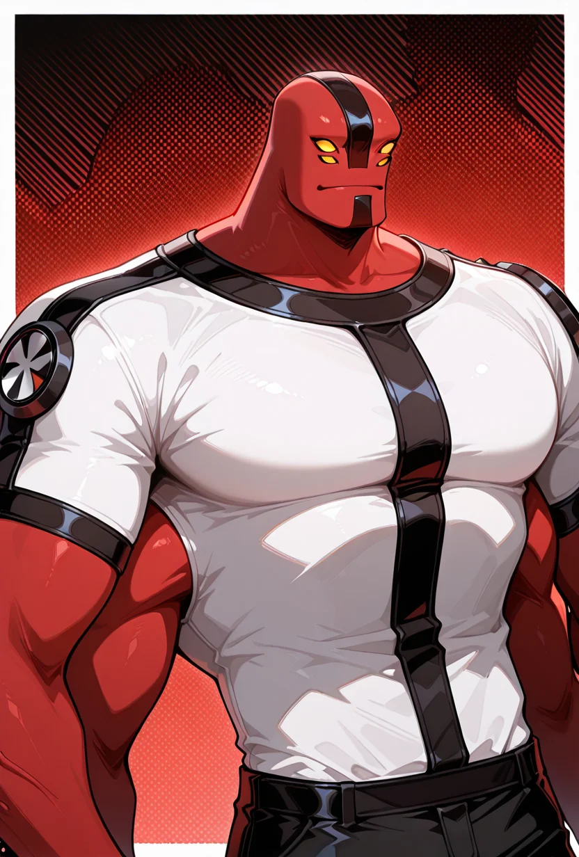 <lora:fourarms-05:1> fourarms, red skin, solo, male focus, yellow sclera, no pupils, 4 eyes, , fingerless gloves, white shirt, black pants, 4 arms , large pectorals, red background,, upper body, halftone effect, white borders, abstract background:1.2,, masterpiece, best quality, amazing quality, very aesthetic, absurdres, newest,