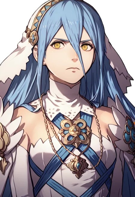 score_9, score_8_up, score_7_up, source_anime, 1girl, frown, <lora:zs_FE3HPortraitsXL:1> fe3hportraits, upper body, white background, <lora:azura-pdxl-nvwls-v1:1> defAzu, blue hair, white veil, white dress, blue straps, pendant, white elbow gloves