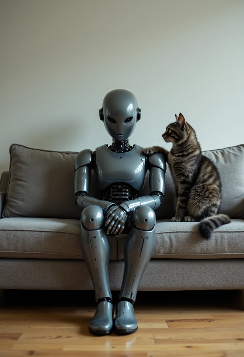 aidmafluxpro1.1,
A robot and a cat are sitting on a sofa against the wall.