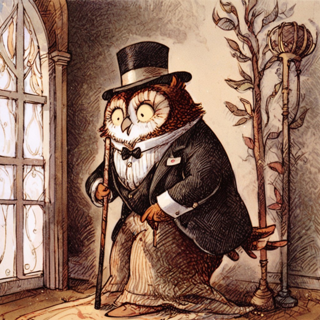 score_9, score_8_up, score_7_up, owl wearing a tuxedo, top hat, cane, indoors, owl, by Arnold Lobel