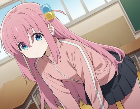 score_9, score_8_up, score_7_up, source_anime,
hitorigotou, <lora:hitori-gotou-s1-ponyxl-lora-nochekaiser:1>,
hitori gotou, blue eyes, cube hair ornament, hair between eyes, hair ornament, pink hair, one side up, long hair,
black skirt, jacket, long sleeves, pants, pants under skirt, pink jacket, pink pants, pleated skirt, skirt, track jacket, track pants, track suit,
indoors, classroom, bent over,
cowboy shot, solo, dutch angle, looking at viewer,