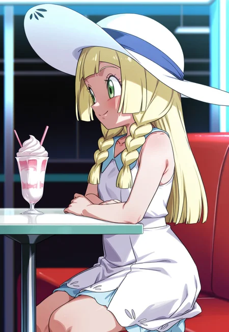 masterpiece, best quality, Smooth Quality, vibrant colors, beautiful shading, very aesthetic, absurdres, Rom@_ArtStyle, rom_\(20\), official art, anime coloring, anime screencap, absurd res, 1girl, solo, flat chest, Lillie (Pokemon,), green eyes, blonde hair, long hair, braid, sun hat, white headwear, collarbone, sleeveless dress, white dress, sitting, sitting on couch, table, side view, cowboy shot, smile, milkshake, milkshake on table, looking away, indoors, diner, <lora:Rom_Art_Style_for_Illustrious_v6.0:1>, masterpiece, best quality, vibrant colors, beautiful shading, amazing quality, very aesthetic, high resolution, ultra-detailed, absurdres, newest, volumetric lighting,