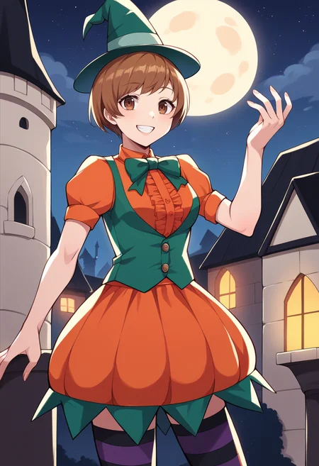 score_9, score_8_up, score_7_up, source_anime BREAK 1girl, solo,
<lora:zs_ChieXL:1> chiehalloween, brown hair, short hair, brown eyes, green hat, green bowtie, orange frilled shirt, green vest, orange skirt, striped thighhighs, pointed boots
cowboy shot, smile, night, gothic castle, dark,