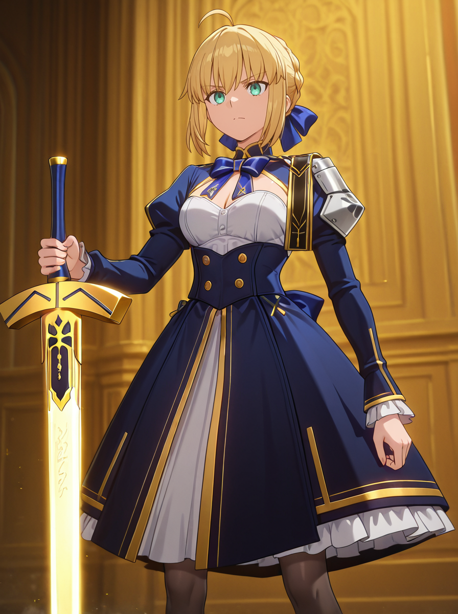 masterpiece, best quality, amazing quality, very aesthetic, absurdres, newest,shiny skin, <lora:anime_screencap:1> anime screencap, anime coloring ,  <lora:SabrHonkaiStarRail:1>saberhsr, blonde hair, 1girl, solo, ahoge, pantyhose, dress, ribbon, braid, green eyes, blue dress, hair ribbon, long sleeves, bow, planted sword, excalibur \(fate/stay night\),