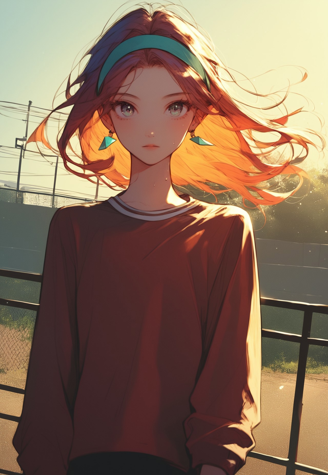 Score_9, score_8_up, score_7_up, score_6_up, score_5_up, score_4_up,1girl, casual outdoor style, sporty casual look, beautiful face, detailed anatomy, cinematic lighting, anime, beautiful girl, solo_focus, source_anime, long sleeves, dynamic angle, runner sport outfit, view through the fence, big long fence, cinematic scene.
looking at viewer, hair strands, strands of hair on the face, hime strands, earrings, sunlight, headband, long bangs, cute, sweaty, shadows, rich colors, windy atmosphere, wind, dynamic angle,  from below 