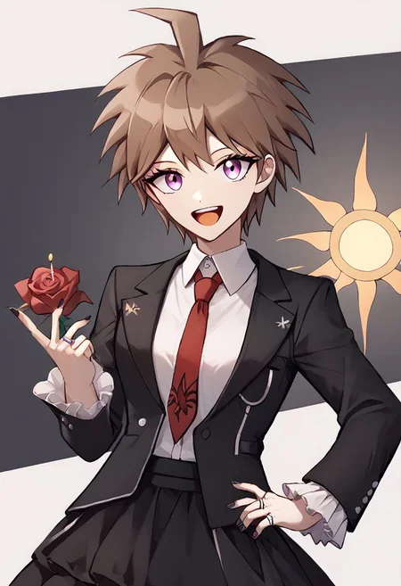 score_9, score_8_up, score_7_up,
1girl, genderswap (mtf),gender swap, solo, makoto, brown hair, open mouth, ahoge,
smile, short hair, bangs, celestia ludenberg, official style, looking at viewer, smile, black nail polish, long sleeves, white shirt, flower, frills, print necktie, black skirt, nail polish, open jacket, black jacket, rose, red necktie, red flower, black nails, red rose, gothic fashion, claw ring, cowboy shot, frilled sleeves, frilled skirt, collared shirt,
<lora:celestia_pony_v3:0.8>