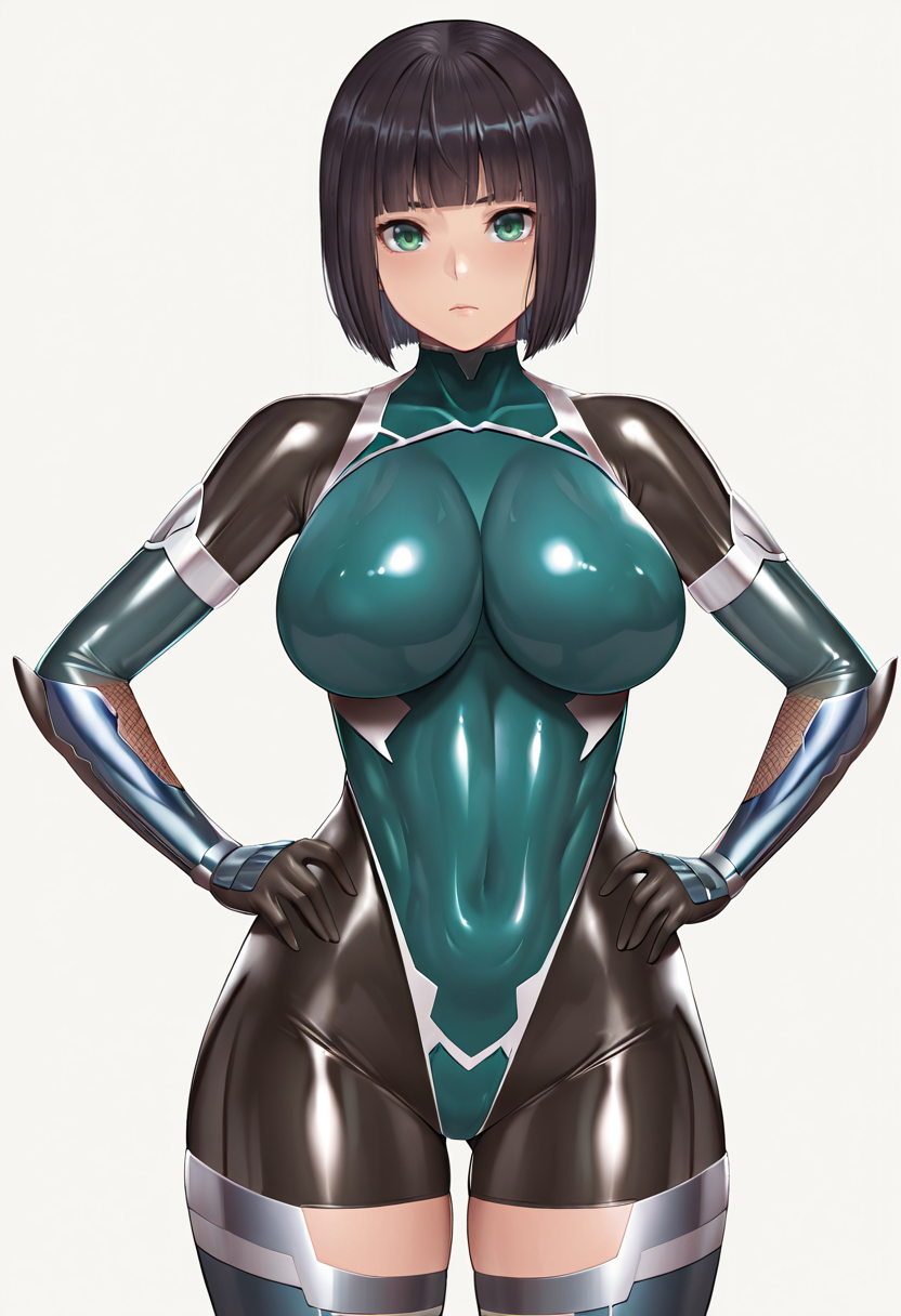 masterpiece, best quality,
1girl, cowboy shot, 
standing, hands on own hips, 
looking at viewer, 
<lora:Maezono_Momoko_SK:0.7> Maezono_Momoko_SK, green eyes, black hair, short hair, blunt bangs, bob cut, bodysuit, skin tight, latex, elbow gloves, thighhighs, shiny, taimanin suit,
simple background, white background,