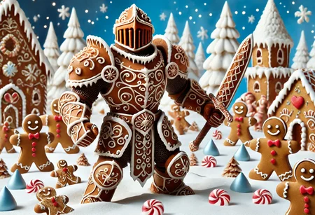 GBKnight, masterpiece, best quality, stunning detail, highly aesthetic, absurdres, 1boy, solo, handsome, Amidst the chaos of the battlefield, the gingerbread knight stands resolute, his gingerbread armor shining with unwavering resolve. With a sword raised high and a heart of confectionery courage, heâs ready to face any foe that dares challenge his sugary candy kingdom.