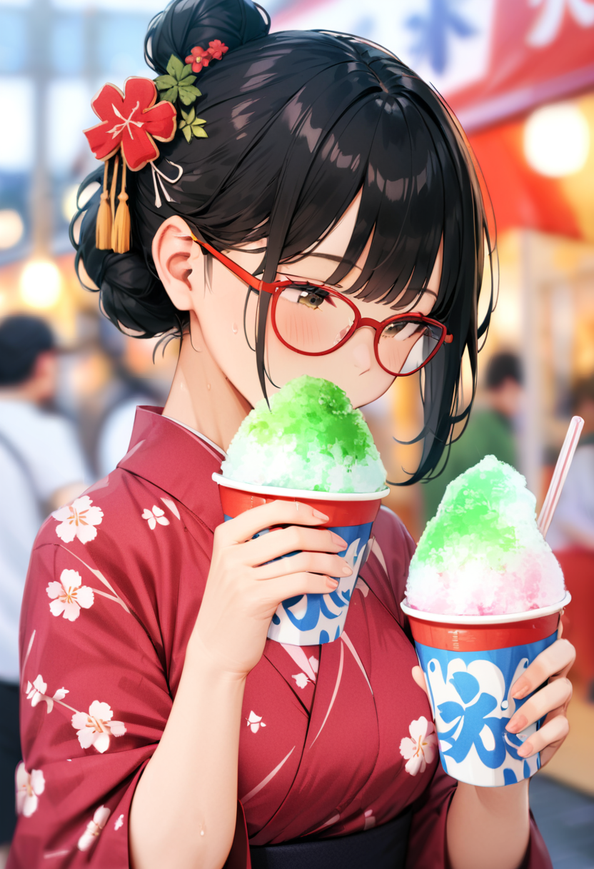masterpiece, best quality, very aesthetic, absurdres,
1girl, solo, glasses, black hair, short hair, hair bun, hair ornament, yukata, floral print,
holding, holding food, kakikoori_red, shaved ice, cup, food, drinking straw, outdoors, blurry background,
 <lora:kakikoori_SDXL_V2:1>
