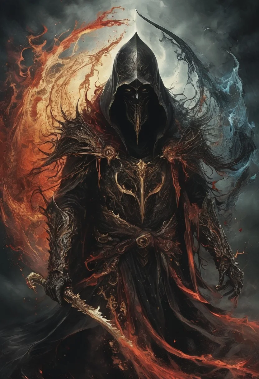 cybersecurity meme, data flows, dynamic movement, red and gold and black with hints of blue, (fractal art:1.4) , grim reaper in Red tattered and torn hooded cloak holding a huge scythe, cloak blowing in wind, big menacing detailed armor scale mail pauldrons, (menacing intricately designed evil warlord helmet with horns), (Shadow face, faceless, black void under hood, no facial features), huge scythe, pure evil, thick heavy fog, extremely detailed, (ink-style, ink_wash_painting),